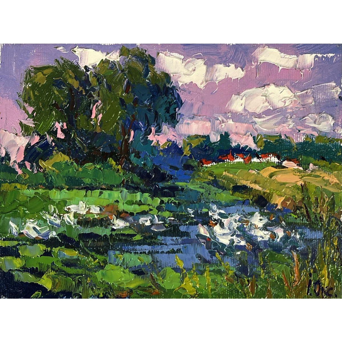 Oil Painting Geese Are Swimming in the Lake Oksana Ivanyuk | Chairish