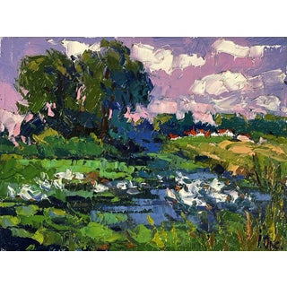 Oil Painting Geese Are Swimming in the Lake Oksana Ivanyuk For Sale