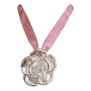 Milor Italy Sterling Silver Large Flower Pendant on Mauve Ribbon For Sale