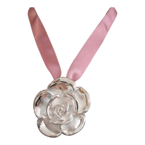 Milor Italy Sterling Silver Large Flower Pendant on Mauve Ribbon