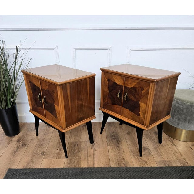 Mid-Century Art Deco Italian Nightstands with Walnut Glass Top, 1950s, Set of 2 For Sale - Image 9 of 10