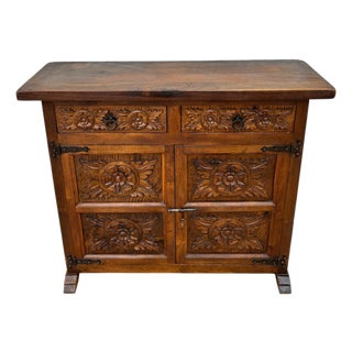 Spanish Rustic Castilian Carved Wood Cabinet, 1930s For Sale