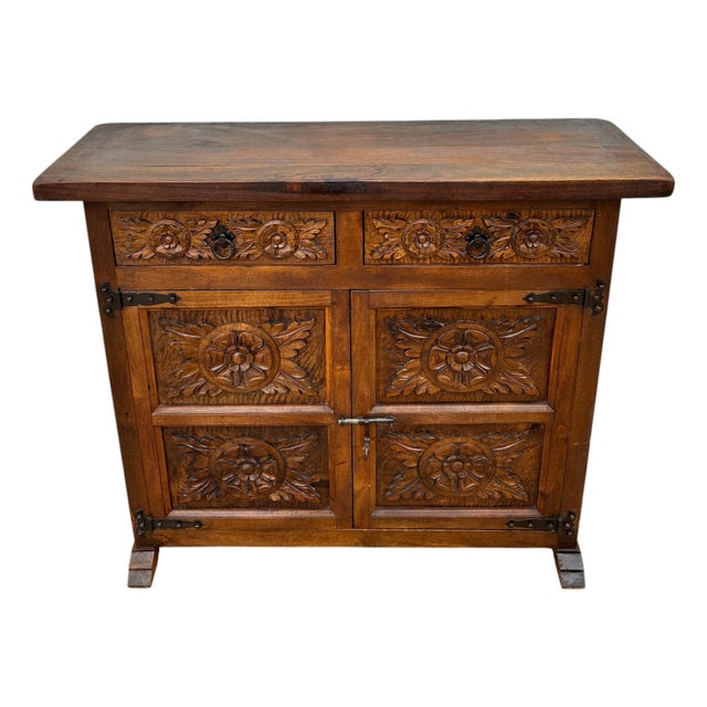 Spanish Rustic Castilian Carved Wood Cabinet, 1930s For Sale