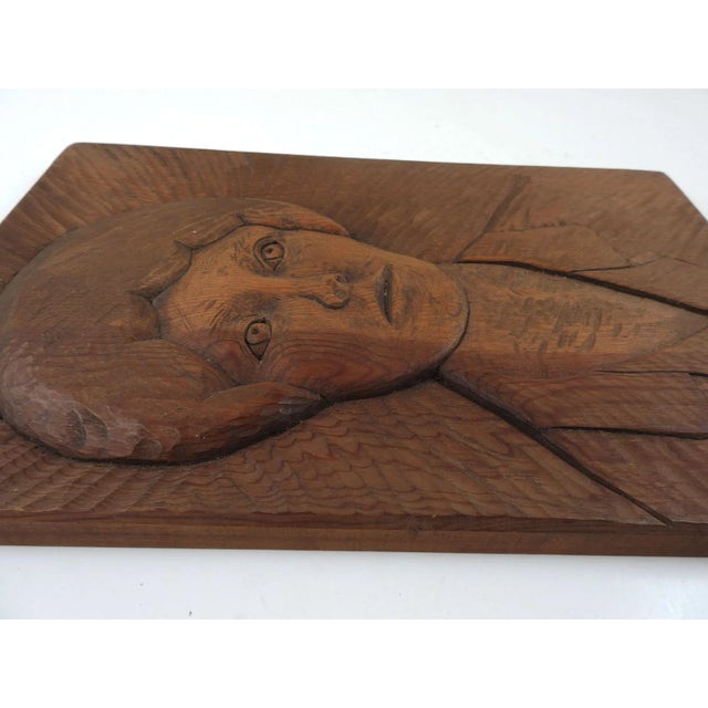 Vintage circa 1950's relief folk art carving on wood. Portrait of woman, unsigned. Unframed, no hanging hardware.