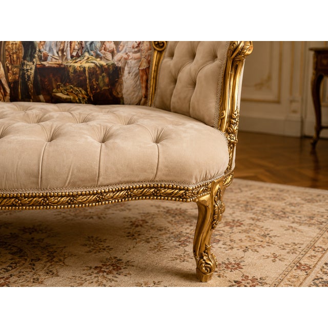 1970s French Louis XVI Tan Velvet Gold Settee For Sale - Image 6 of 8