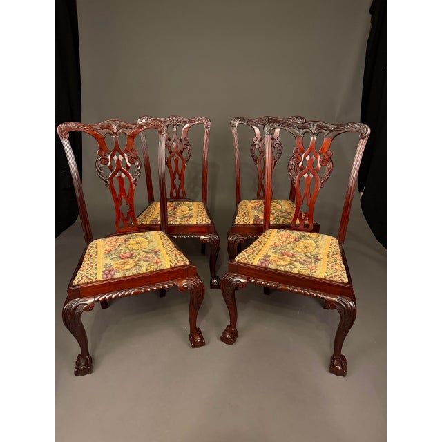Wood Antique Chippendale Style Mahogany Side Chair Set of 4 With Floral Upholstery, C. 1890 For Sale - Image 7 of 16