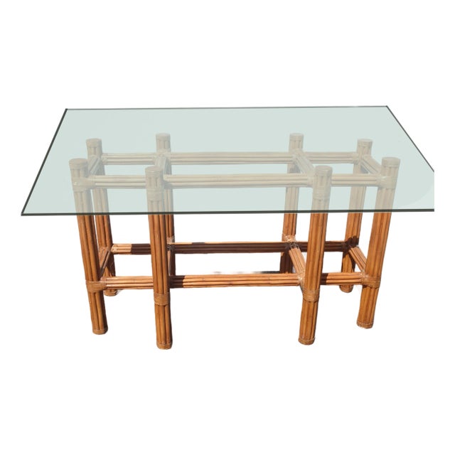 Vintage Mid Century Modern McGuire Bamboo Dining Room Table W Glass Top For Sale