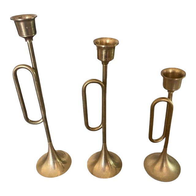 MCM Vintage Brass Bugle Trumpet Shaped Stacked Candlestick Holders- Set of 3 For Sale