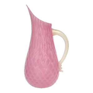 Vintage Murano Pink White Opal Gold Flecks Diamond Quilted Surface Italian Art Glass Pitcher Flower Vase