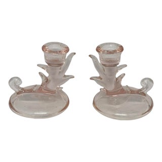 Vintage Pink Depression-Style Glass Candlestick Holders — Pair, 4 1/8" Tall For Sale