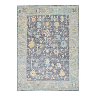Modern Oushak Style Hand-Knotted Wool Area Rug in Charcoal, Sky Blue & Pastel For Sale