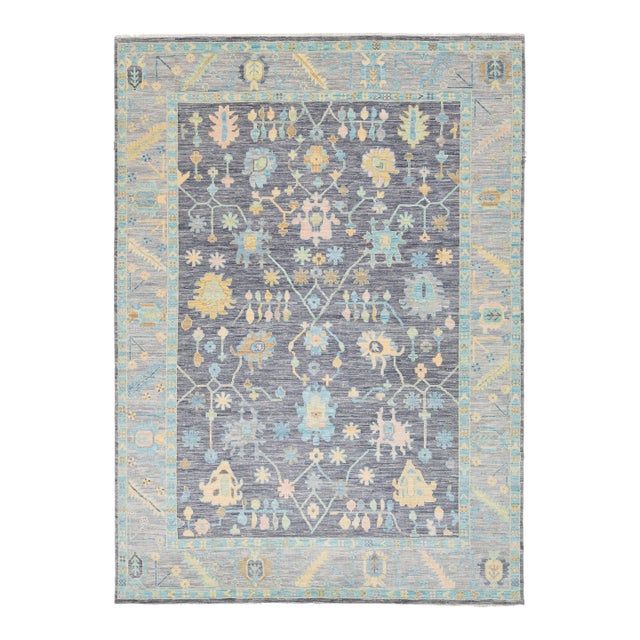 Modern Oushak Style Hand-Knotted Wool Area Rug in Charcoal, Sky Blue & Pastel For Sale