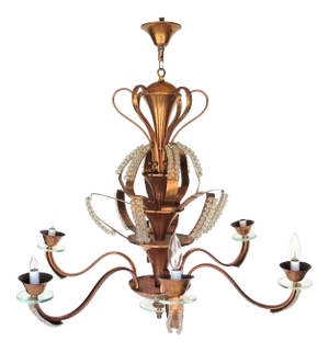 Hollywood Regency Style German Copper & Crystal Bead Six Light Chandelier