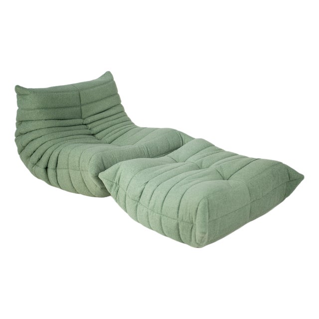 Set of Togo Lounge Chair and Pouf in Mint Bouclet Fabric by Michel Ducaroy for Ligne Roset, 1973 For Sale