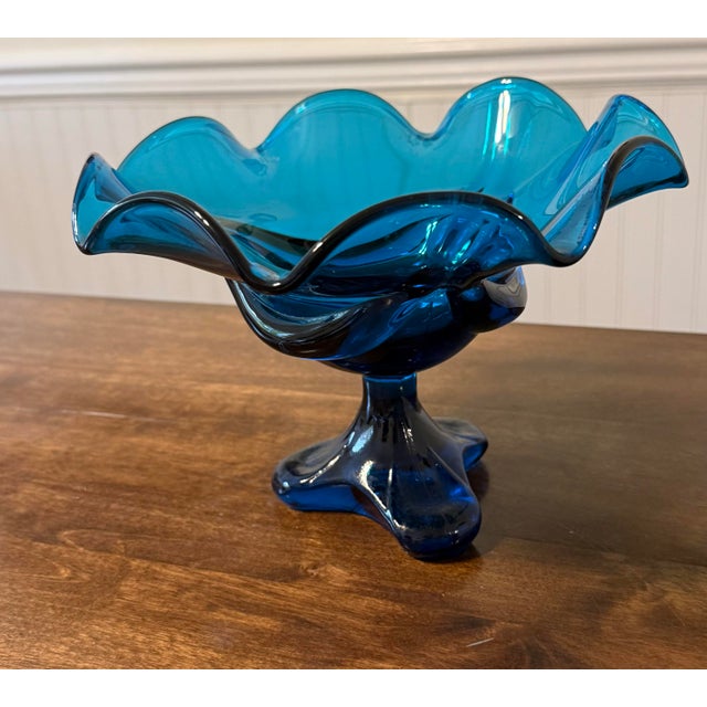 Mid-Century Modern Viking Art Glass Bluenique Epic Three Footed Compote For Sale - Image 3 of 12