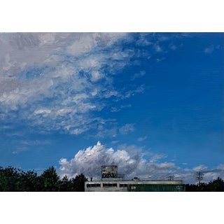 The Hive by Stephanie Buer | Oil on panel Landscape with a building under a blue sky. For Sale