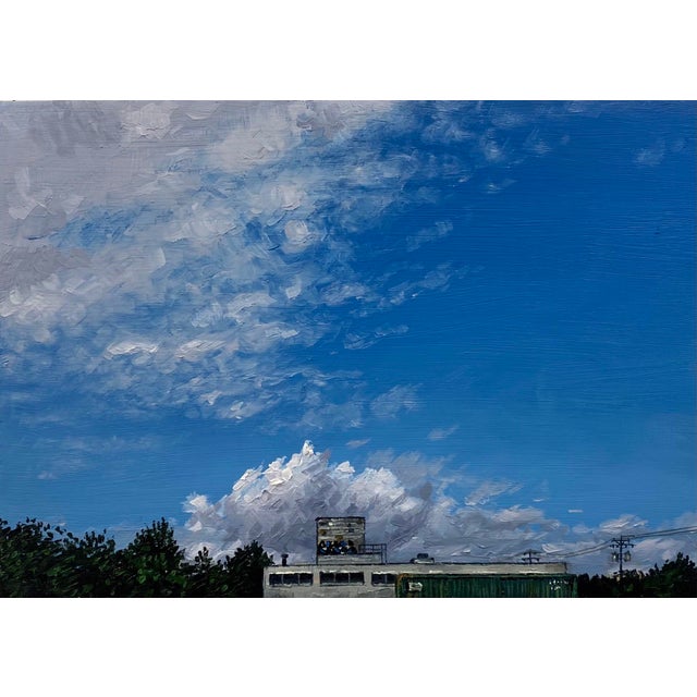 The Hive by Stephanie Buer | Oil on panel Landscape with a building under a blue sky. For Sale