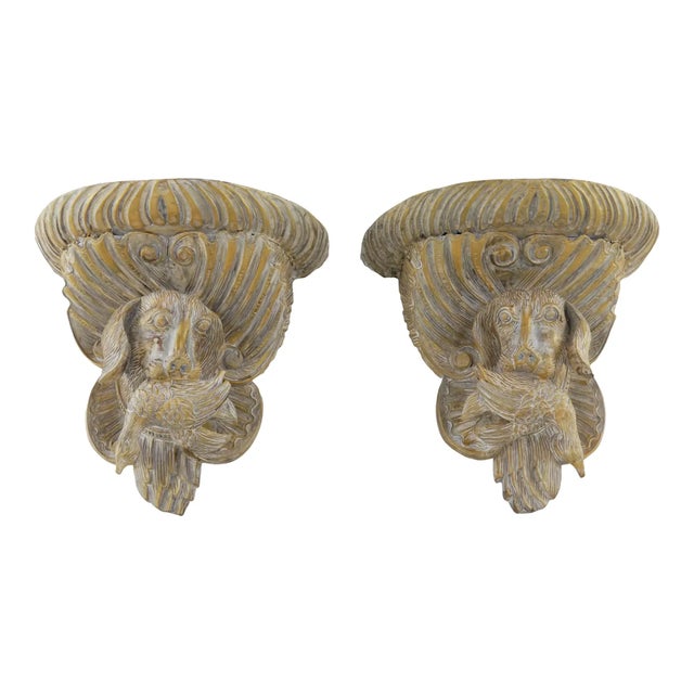 Wood A Pair of Vintage Wooden Hand-Carved Gold Dog Head Wall Brackets For Sale - Image 7 of 10