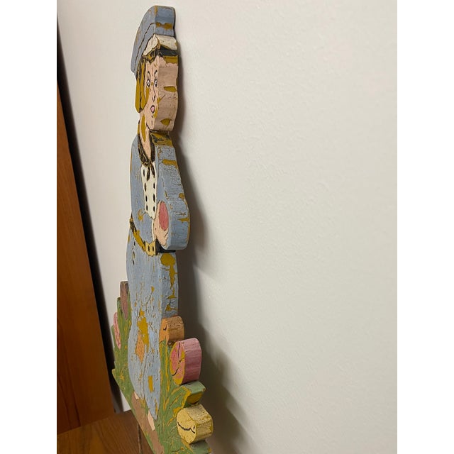Wood Vintage Folk Art Painted Wood Garden Figure Sculpture on Stand, Hand Carved Decorative Cutout For Sale - Image 7 of 12