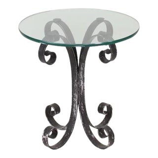 1950s Mid Century Modern Curved Wrought Iron and Glass Side Table For Sale