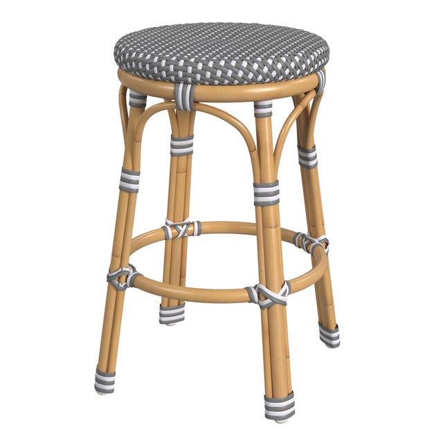 Wood Tobias 24.5 in. Seat Height Outdoor Rattan and Metal Backless Counter Stool, Gray/White Dot / Natural Rattan Frame For Sale - Image 7 of 7