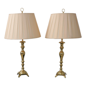 1990s Pair Solid Brass Candlestick Form Table Lamps