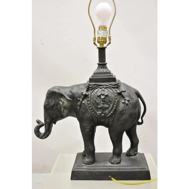 Late 20th Century Late 20th Century Maitland Smith Bronze Figural Elephant Table Lamp Faux Tooled Leather Shade (A) For Sale - Image 5 of 12