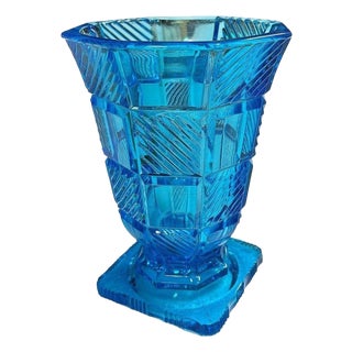 1930s Art Deco Aqua Blue Leaded Glass Checkered Geometric Pedestal Vase For Sale