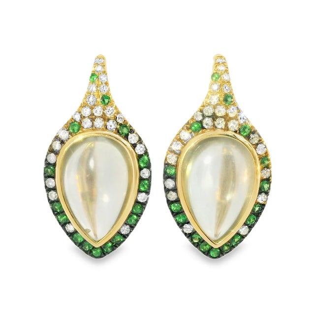 14K yellow gold earrings featuring two cabochon green amethysts 15.3 carats total, accented with tsavorite garnets and...