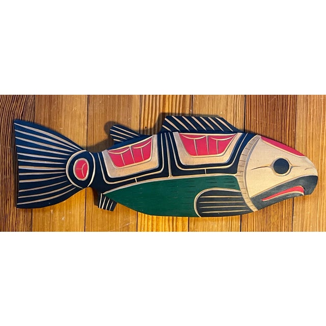 Squamish Nation Carved Wood and Paint Decorated Salmon Fish Wall Sculpture by Neil Baker For Sale - Image 9 of 9
