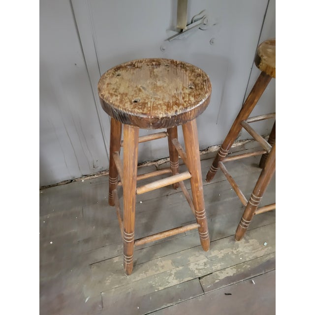 Antique Primitive Wooden Pub Stools For Sale In Raleigh - Image 6 of 11