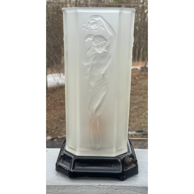 Glass Antique Art Deco Tiffin Frost Glass Torchiere Lamp 1920 Nude Nouveau For Sale - Image 7 of 15