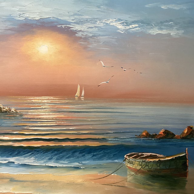 Late 20th Century Vintage Seascape Lighthouse Sunset on the Beach Oil Painting on Canvas by M . Gartland For Sale - Image 5 of 12