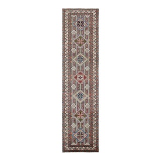 Vintage Geometric Beige Green and Red Azerbaijan Wool Persian Pile Runner For Sale