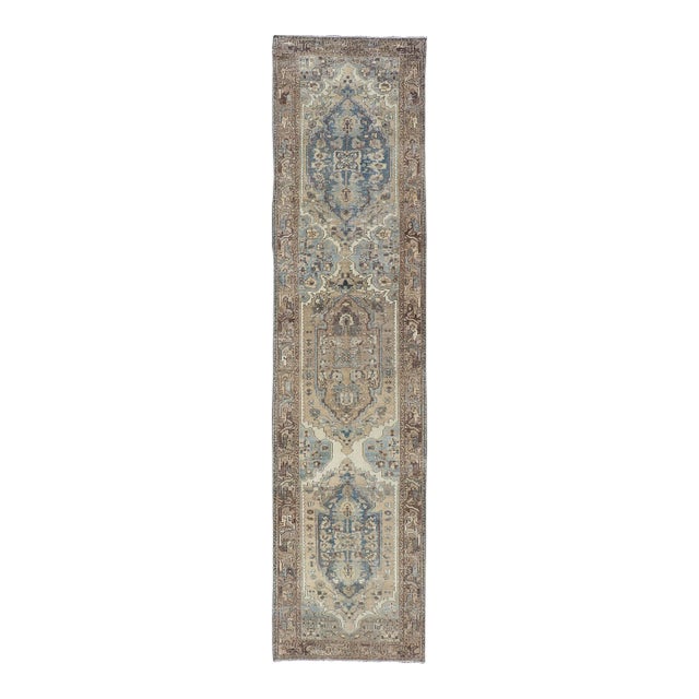 Early 20th Century Antique Persian Malayer Runner With Geometric Medallion Design in Blue and Tan For Sale
