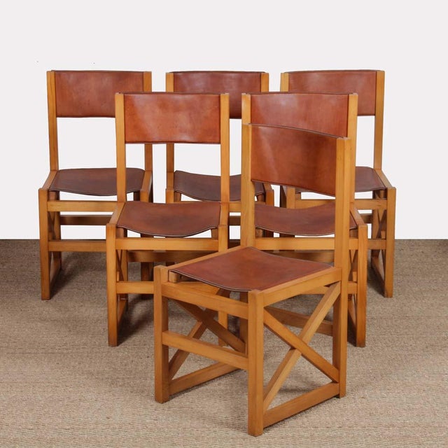Vintage Chairs in Wood and Leather, 1980s, Set of 6 For Sale - Image 9 of 9