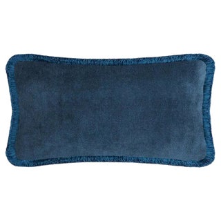 HAPPY PILLOW Soft Velvet Cushion with Fringe in Blue by Lorenza Briola for LO DECOR For Sale
