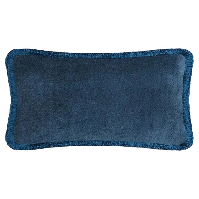 HAPPY PILLOW Soft Velvet Cushion with Fringe in Blue by Lorenza Briola for LO DECOR For Sale