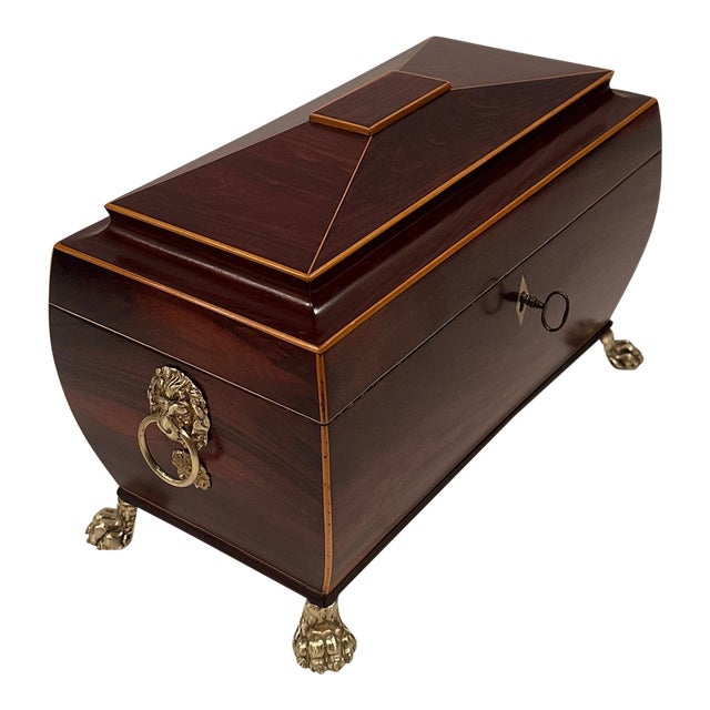 Mahogany Regency Style Tea Caddie With Inlay and Brass Lion Rings For Sale