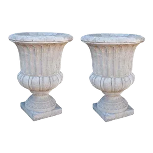 Enormous Tall Rustic French Neoclassical Concrete Garden Planters - a Set of 2