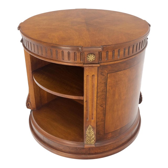 Henredon Burl Walnut Round Center Lamp Side Occasional Table Stand Shelves For Sale