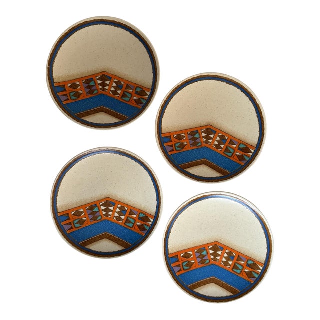 1970s Mikasa Indian Feast Teepee Salad Plates 7.5 Inch Stoneware Japan - Set of 4 For Sale