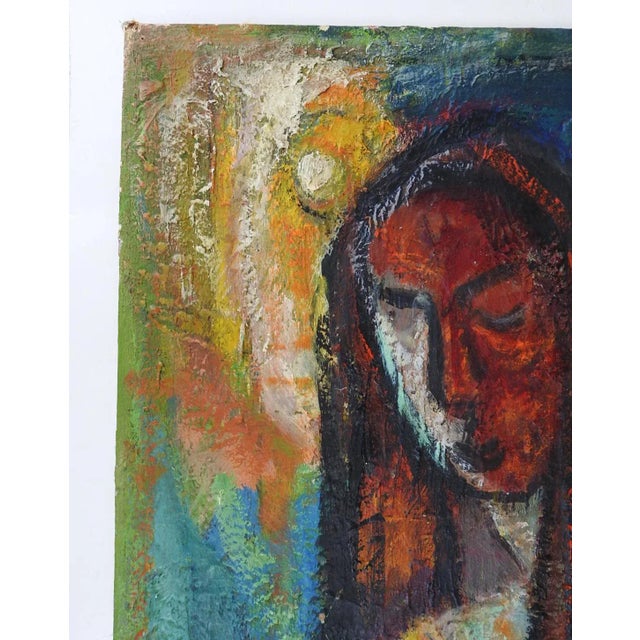 Vintage mid 20th century oil on canvas board abstract cubist portrait painting of woman in dark blues and reds by Rita...