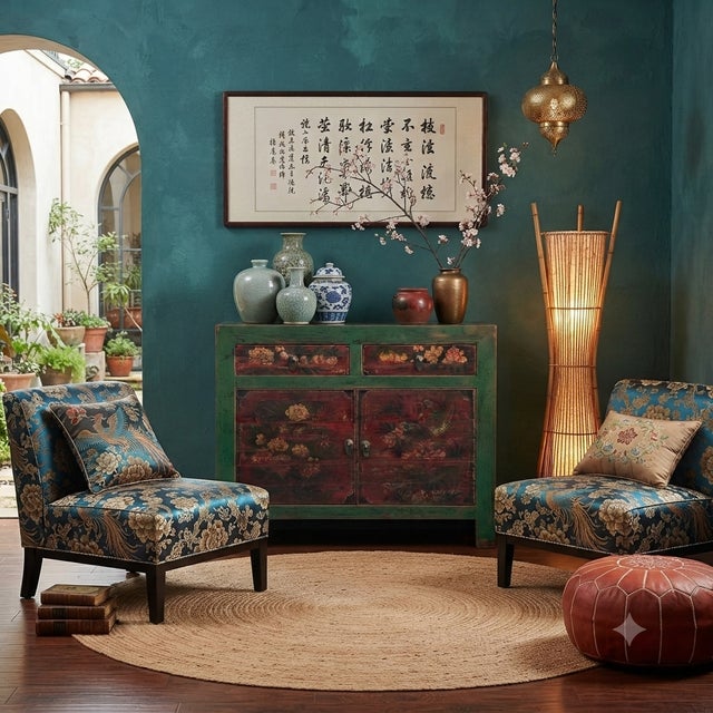 Vintage Distressed Rich Green Red Floral Graphic Credenza Sideboard Cabinet For Sale In San Francisco - Image 6 of 9
