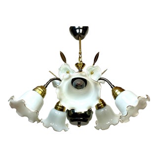 Vintage 5-Arm Floral Glass Chandelier White Hand Made – 1980s Modern Design For Sale
