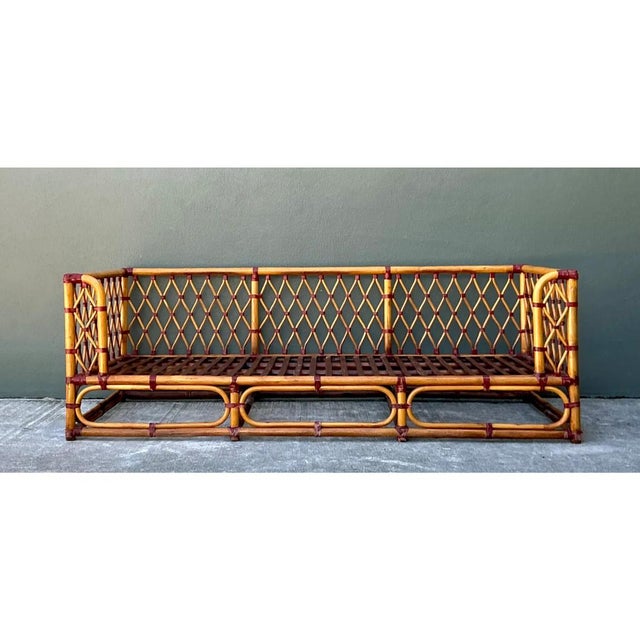 Camel Vintage Trellis Rattan Sofa For Sale - Image 8 of 17