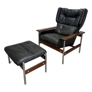 1960s Sven Ivar Dysthe for Dokka Attrb 7001h Leather and Rosewood Chair and Ottoman Set For Sale