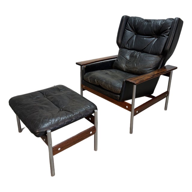 1960s Sven Ivar Dysthe for Dokka Attrb 7001h Leather and Rosewood Chair and Ottoman Set For Sale