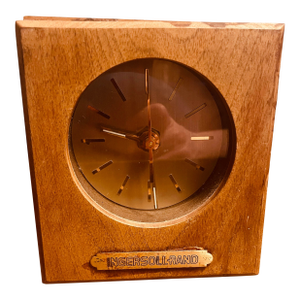 Vintage Ingrrsoll-Rand MCM Minimalist Designed, Hand Crafted Wood Cased Desk Clock With Gold Plaque Stamp