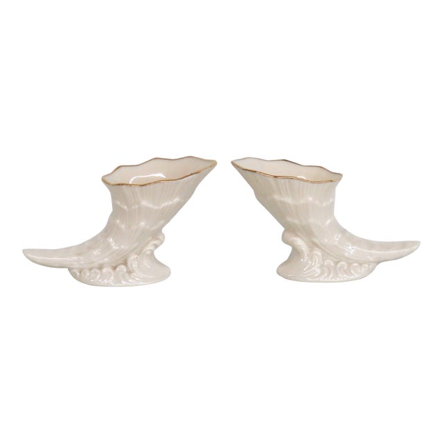 Lenox China Porcelain Cornucopia Pair of 2 Made in Usa With 24k Gold Trim 4927b For Sale